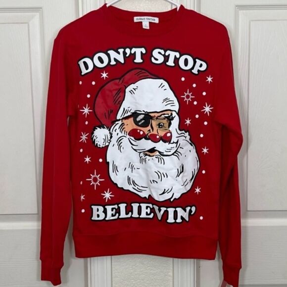 Santa Claus Red Sweatshirt Crewneck Santa in Sunglasses Reversible Sequins Small - Picture 12 of 12